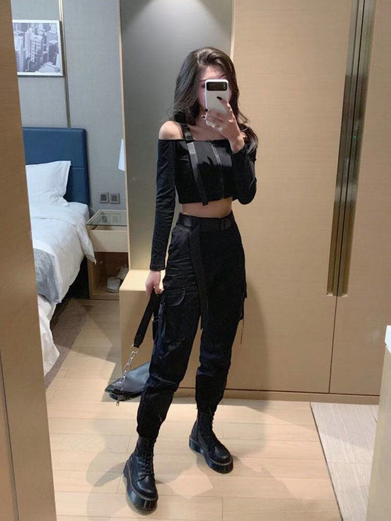 High Waist Pocket Slim Trousers