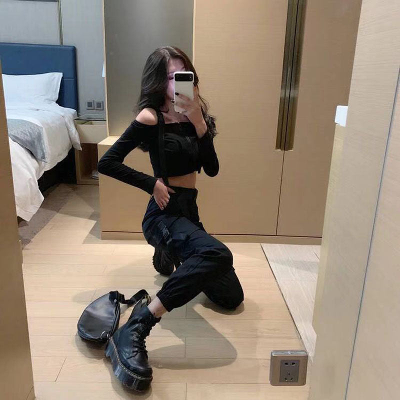 High Waist Pocket Slim Trousers