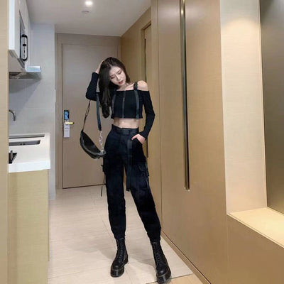 High Waist Pocket Slim Trousers